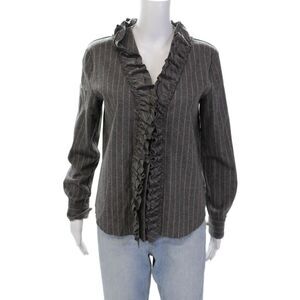 Avn Womens Wool Pinstripe Ruffled V-Neck Button-Down Shirt Gray Size M